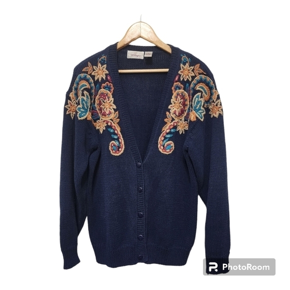 Vintage Worthington Embroidered Blue Cardigan M - Picture 1 of 13
